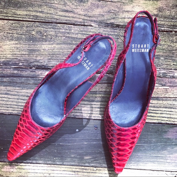 Stuart Weitzman Red Snakeskin Pointed Slingback Heel - Picture 7 of 11